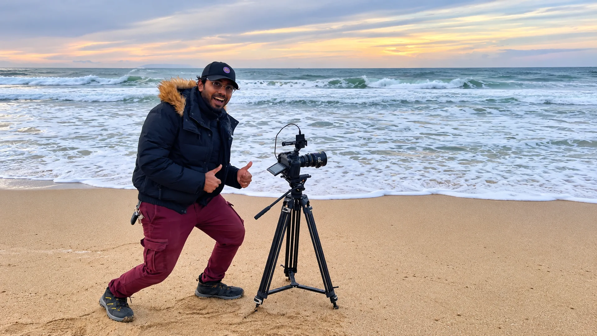 Neil beside his cinema camera and tripod while filming at the beach