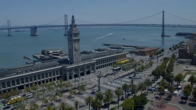 San Francisco Ferry Building, Bay Bridge and Embarcadero Aerial