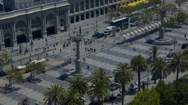 San Francisco Ferry Building Plaza, Streetcar, and Pedestrians