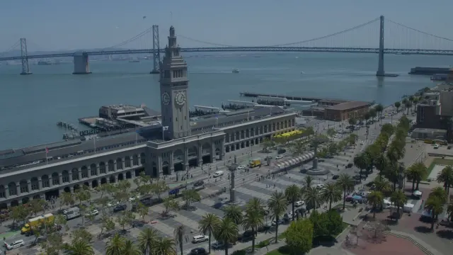 Aerial View of San Francisco's Ferry Building and Bay Bridge