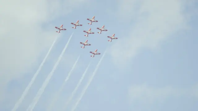 Canadian Snowbirds CT-114 Tutors over Marina Green, San Francisco