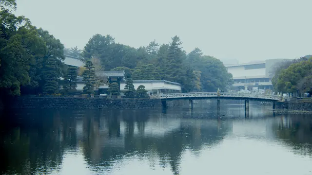 Misty Hirakawa Bridge and Imperial Palace Moat in Tokyo's Chiyoda City